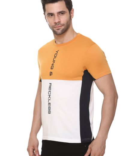 Men's Cotton Blended Cut & Sew Round Neck Regular Fit Mustard Color T Shirt