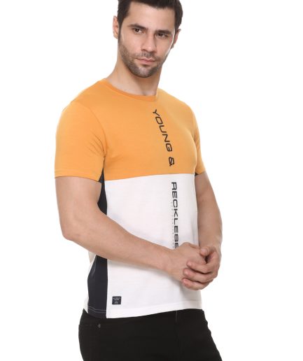 Men's Cotton Blended Cut & Sew Round Neck Regular Fit Mustard Color T Shirt