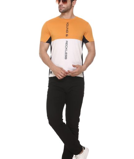 Men's Cotton Blended Cut & Sew Round Neck Regular Fit Mustard Color T Shirt