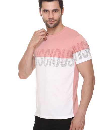 Men's Cotton Blended Cut & Sew Round Neck Regular Fit Spanish Pink Color T Shirt