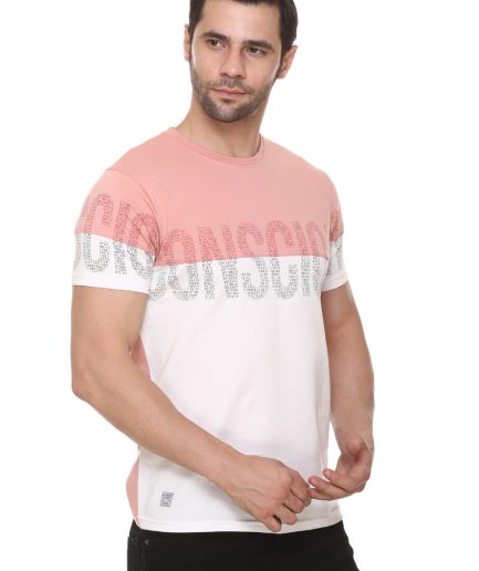 Men's Cotton Blended Cut & Sew Round Neck Regular Fit Spanish Pink Color T Shirt
