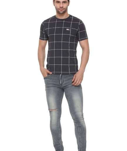 Men's Cotton Blended Printed Round Neck Regular Fit Dark Grey Color T Shirt