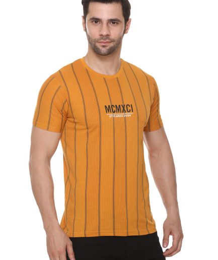 Men's Cotton Blended Printed Round Neck Regular Fit Mustard Color T Shirt