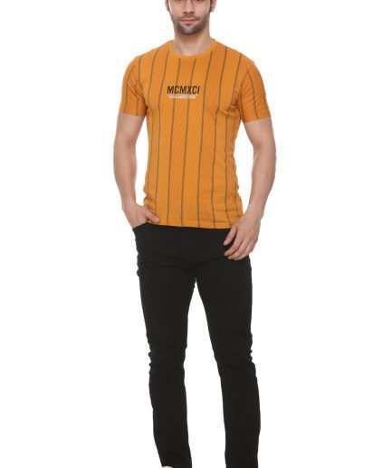 Men's Cotton Blended Printed Round Neck Regular Fit Mustard Color T Shirt