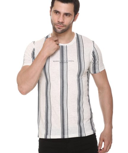 Men's Cotton Blended Printed Round Neck Regular Fit White Color T Shirt