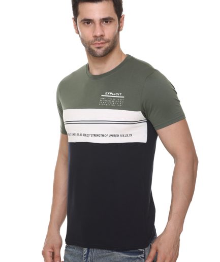 Men's Cotton Blended Cut & Sew Round Neck Regular Fit Olive Color T Shirt