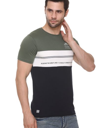 Men's Cotton Blended Cut & Sew Round Neck Regular Fit Olive Color T Shirt