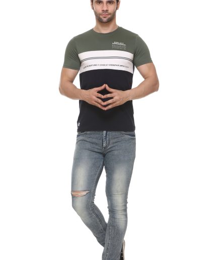 Men's Cotton Blended Cut & Sew Round Neck Regular Fit Olive Color T Shirt