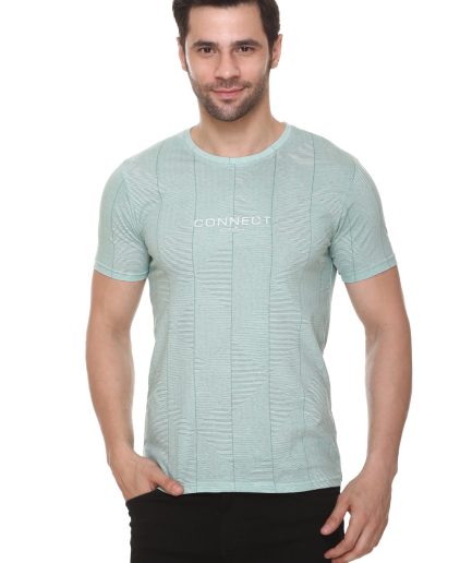 6TY8 Men's Cotton Blended Printed Round Neck Regular Fit Aqua Color T Shirt