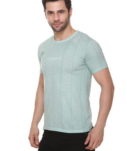 6TY8 Men's Cotton Blended Printed Round Neck Regular Fit Aqua Color T Shirt