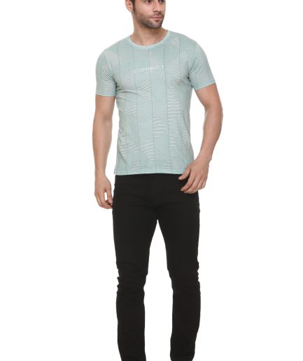 6TY8 Men's Cotton Blended Printed Round Neck Regular Fit Aqua Color T Shirt