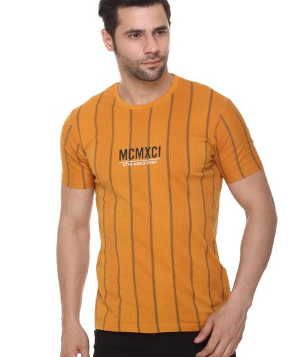 6TY8 Men's Cotton Blended Printed Round Neck Regular Fit Mustard Color T Shirt
