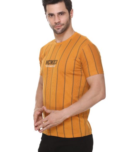 6TY8 Men's Cotton Blended Printed Round Neck Regular Fit Mustard Color T Shirt